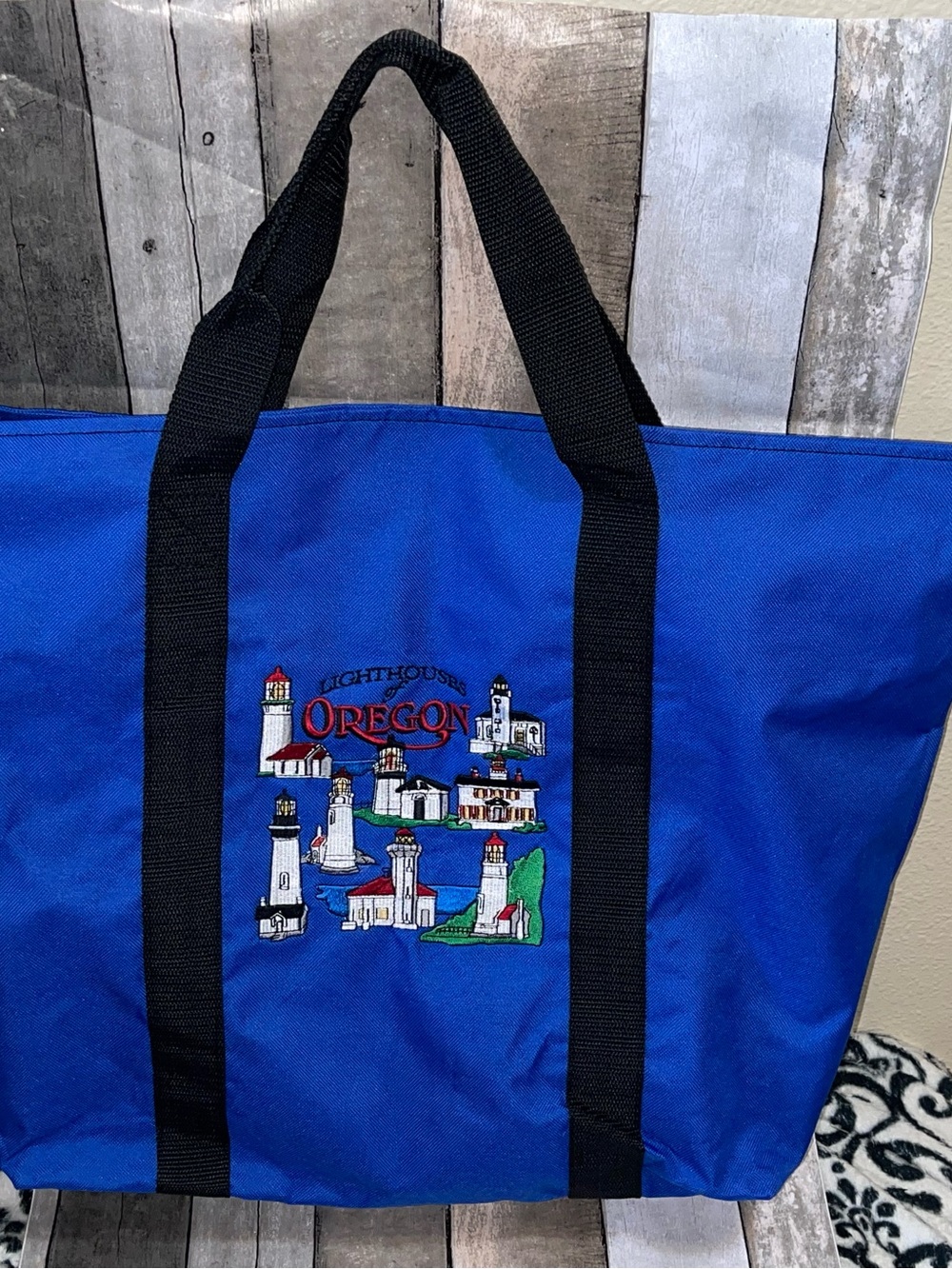 Oregon Lighthouses Souvenir Large Blue Tote Bag Embroidered Lighthouse Zip Close